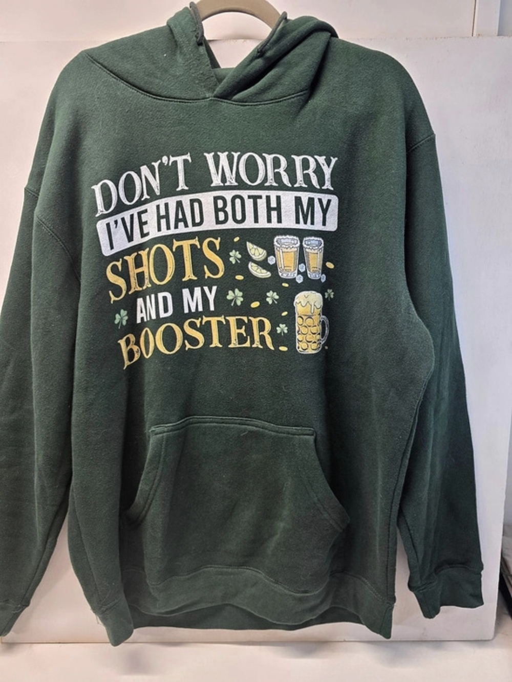 Delta Fleece XL Green St Patrick’s Day Hoodie Shots Booster Beer Funny Graphic